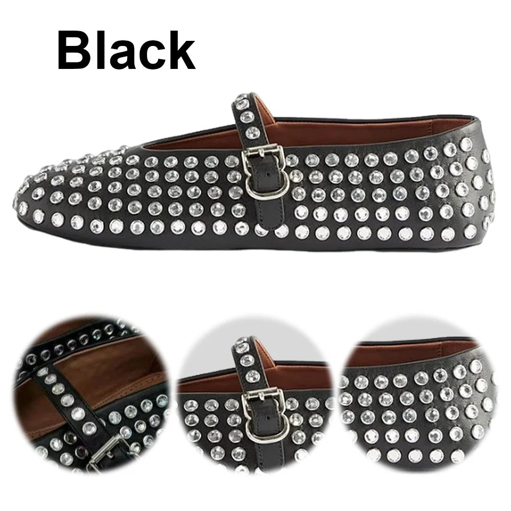 Women Crystal Studded Flats with Buckle Strap Rhinestone Ballet Flats Crystal Ballerina Shoes Comfortable for Ladies Girls