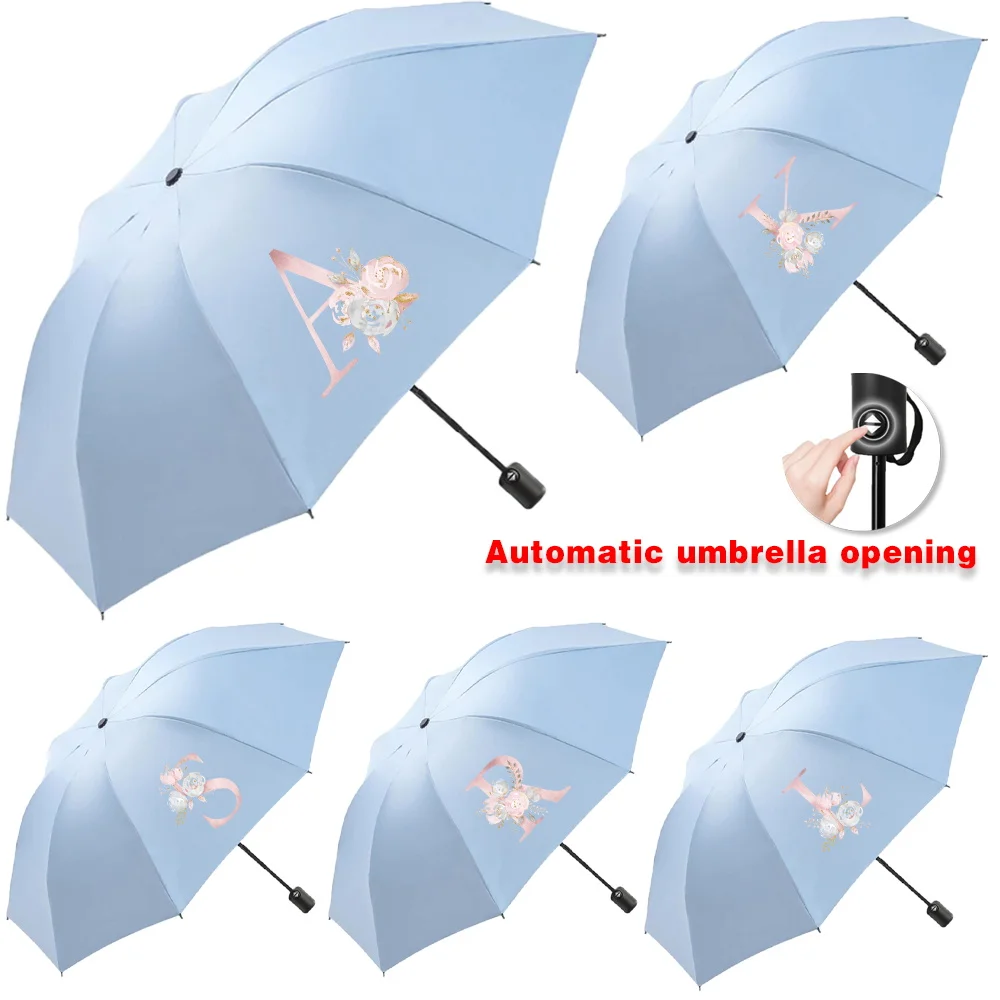 

Automatic Umbrella Portable Sunshade Sunscreen Blue Handle Foldable Use Rain Umbrellas Pink Flower Printing Travel Sun Rain Dual