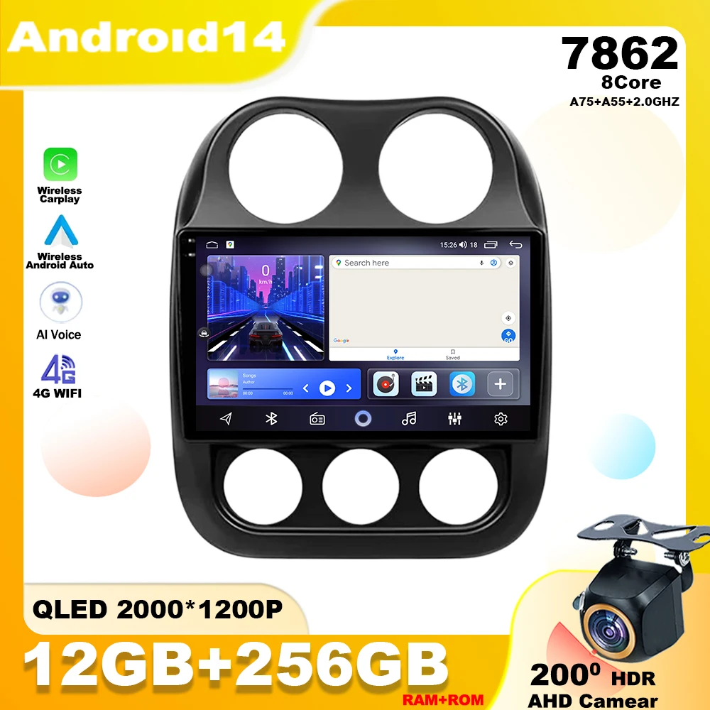 Radio con GPS para coche, reproductor Multimedia con Android 14, WIFI, 4G, Unidad Principal N0, 2Din, DVD, DSP, para Jeep Compass 1 MK 2009 - 2015