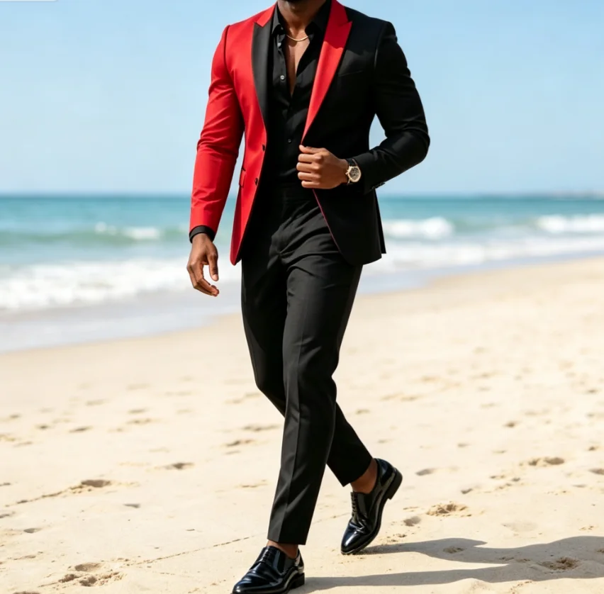 Latest Design Black with Red Men Suits Wedding Party Formal Groom Groomsman Prom Business Male Tuxedos 2 Piece Sets Jacket Pants