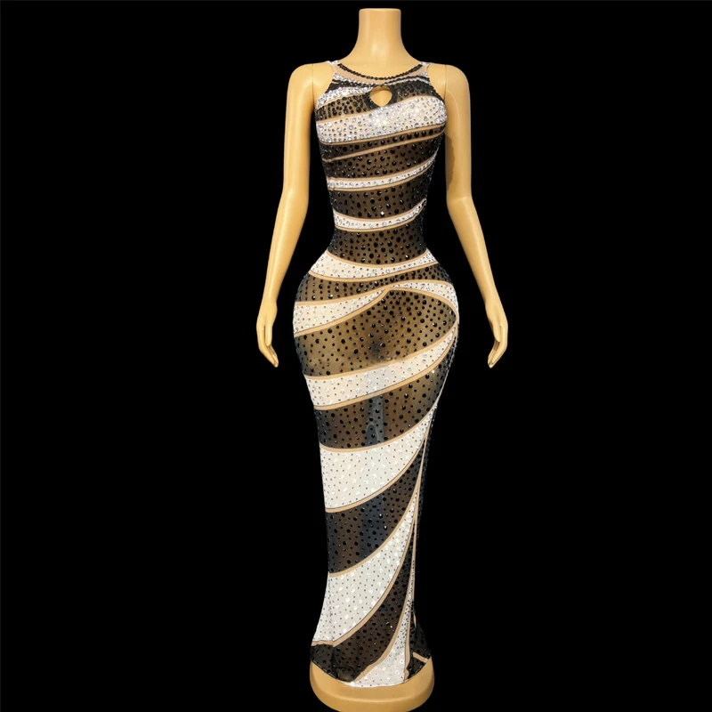 女性祝うイブニングドレス白黒ラインストーンフェスティバル衣装歌手ジャズ衣装ステージパフォーマンスドレス XS10059