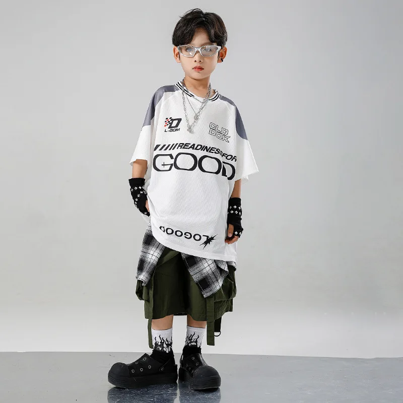 

Kid Kpop Hip Hop Clothing White T Shirt Top Army Green Summer Cargo Shorts Middle Pants for Girl Boy Jazz Dance Costumes Clothes