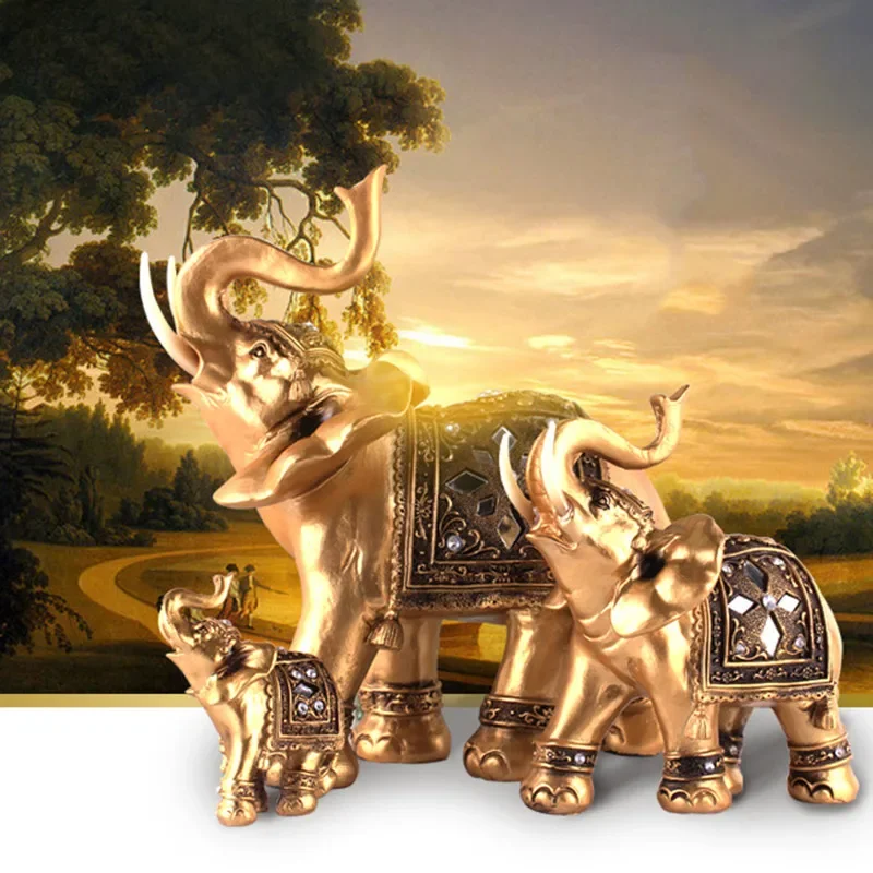 1PC Gold Resin Elephant Statue Feng Shui Lucky Wealth Elephant Figurine Grace Trunk Sculpture Home Desktop Decor Ornament Crafts