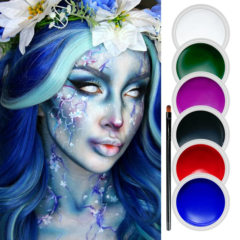 6 Colors Cream Face Body Paint Set with Brush,Water Based Washable Facepaint,High Pigment SFX Makeup for Halloween Cosplay Party