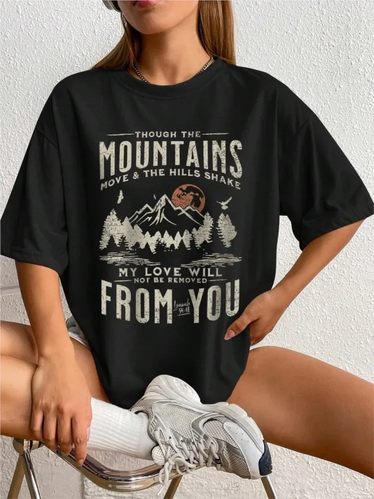 Christian Mountain T Shirt Women Bible Verse Graphic Tee Though The Mountains Move Isaiah 54:10 Faith Summer Short Sleeve Top
