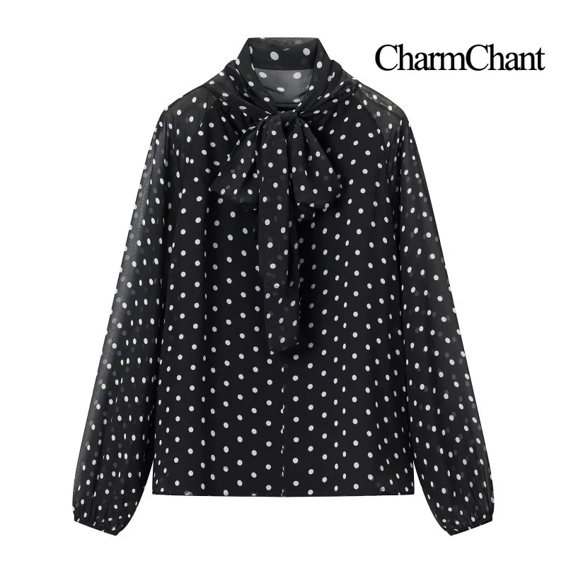 CHARMCHANT Women's Sheer Polka Dot Blouse Bow Tie Neck Lantern Long Sleeve Loose Fit Chiffon Shirt Office Casual Spring 2026