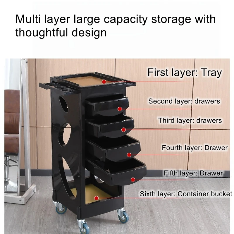Hair Salon Cart—Mobile, Portable, Plastic, 5-Tier, with Hair Dryer Holder and Hair Dye Bowl Storage—Tool Cart