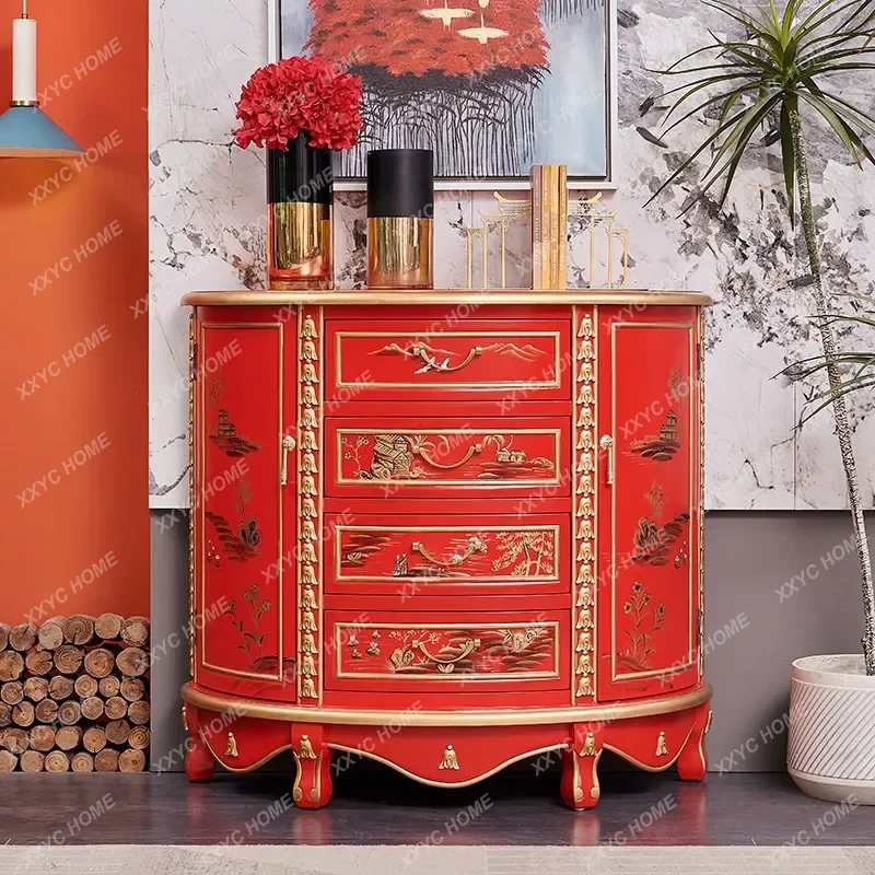 XX new Chinese red court painted hand-painted gold entrance semicircular corridor entrance decorative cabinet