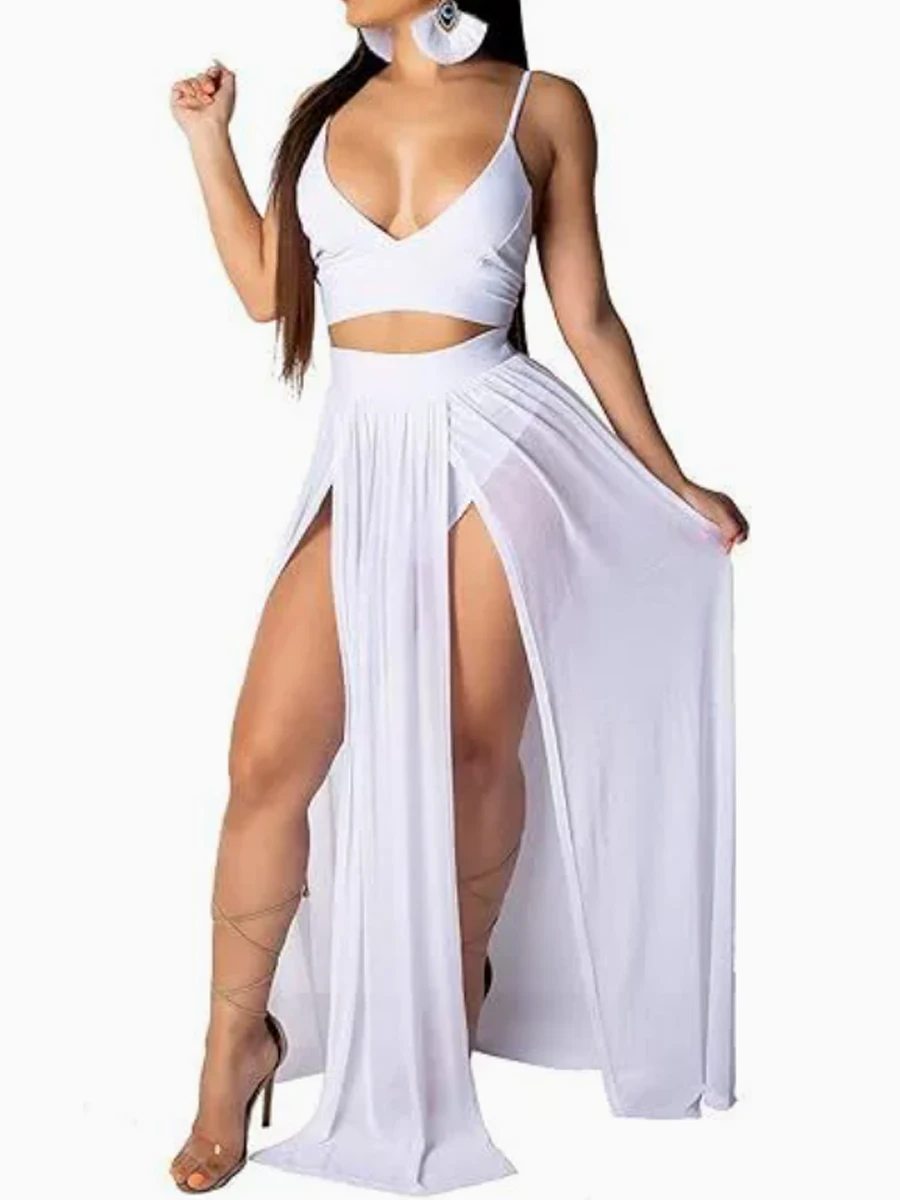 

Sexy Yellow Solid Sleeveless V-Neck Holiday Two-Piece Suit Set Spaghetti Strap Crop Top & Maxi Slit Skirt Sets