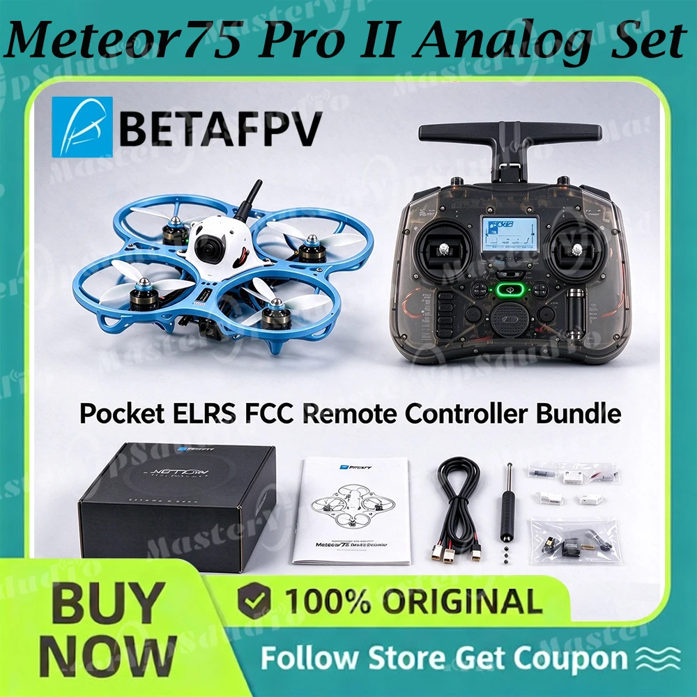 BETAFPV Meteor75 Pro II – zestaw do samodzielnego montażu drona FPV, w komplecie z radiem sterującym Pocket Radio Controller ELRS / Lava 1S, akumulatorem 580 mAh 95C i ładowarką.