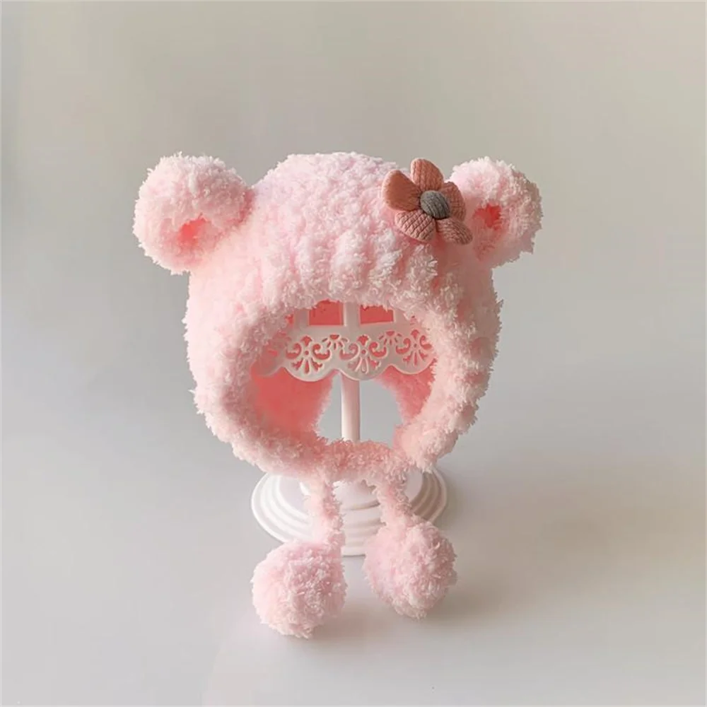 Cute Winter Warm Kids Girl Boys Baby Hats Fleece Wool Hemming Caps with Ball Solid Wool Ear Protection Hats Soft Newborn Bonnet