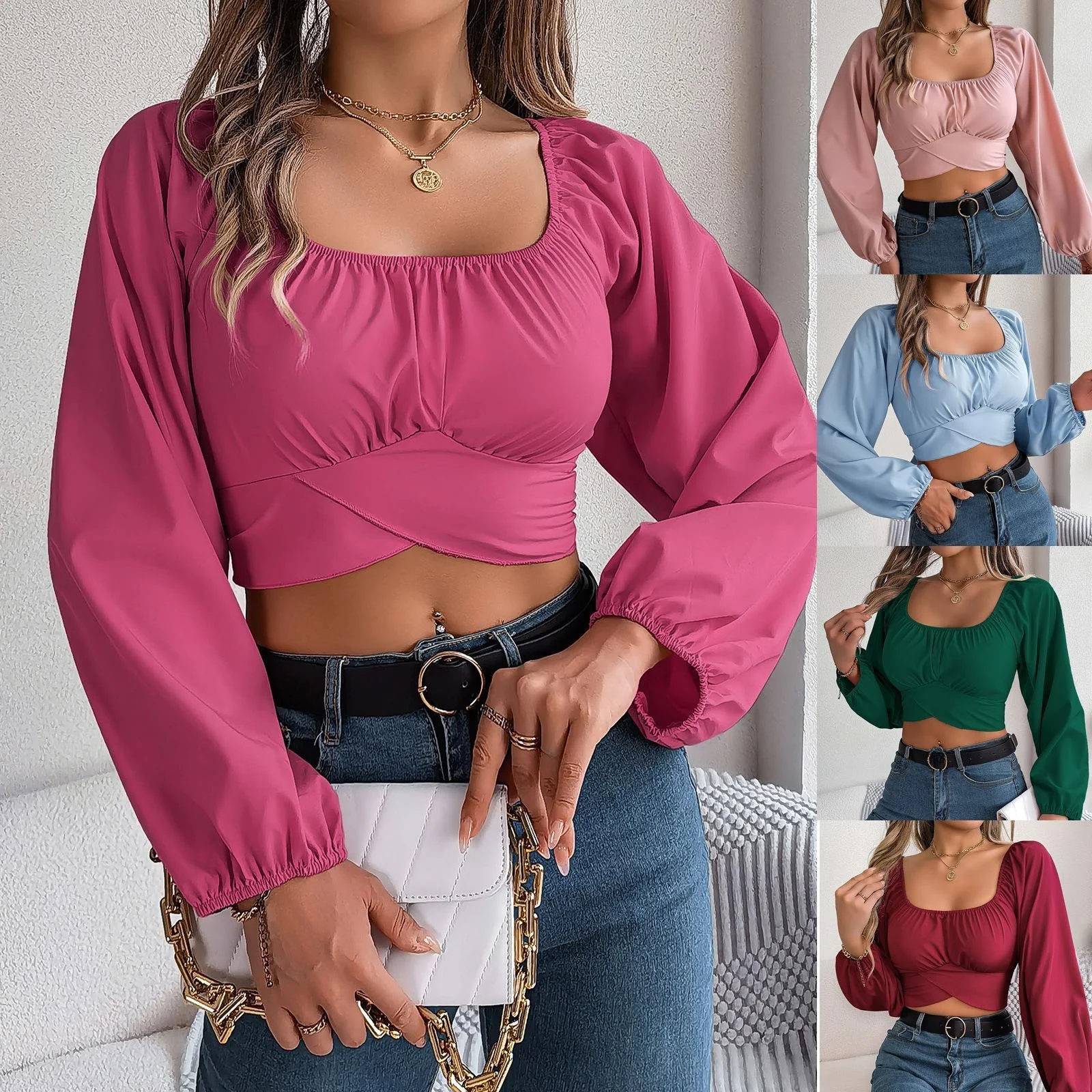 

Spring Summer Casual Lantern Sve Waist Cinched Belted Chiffon Top Belly Baring Top Independent Station Cross Border Women'...