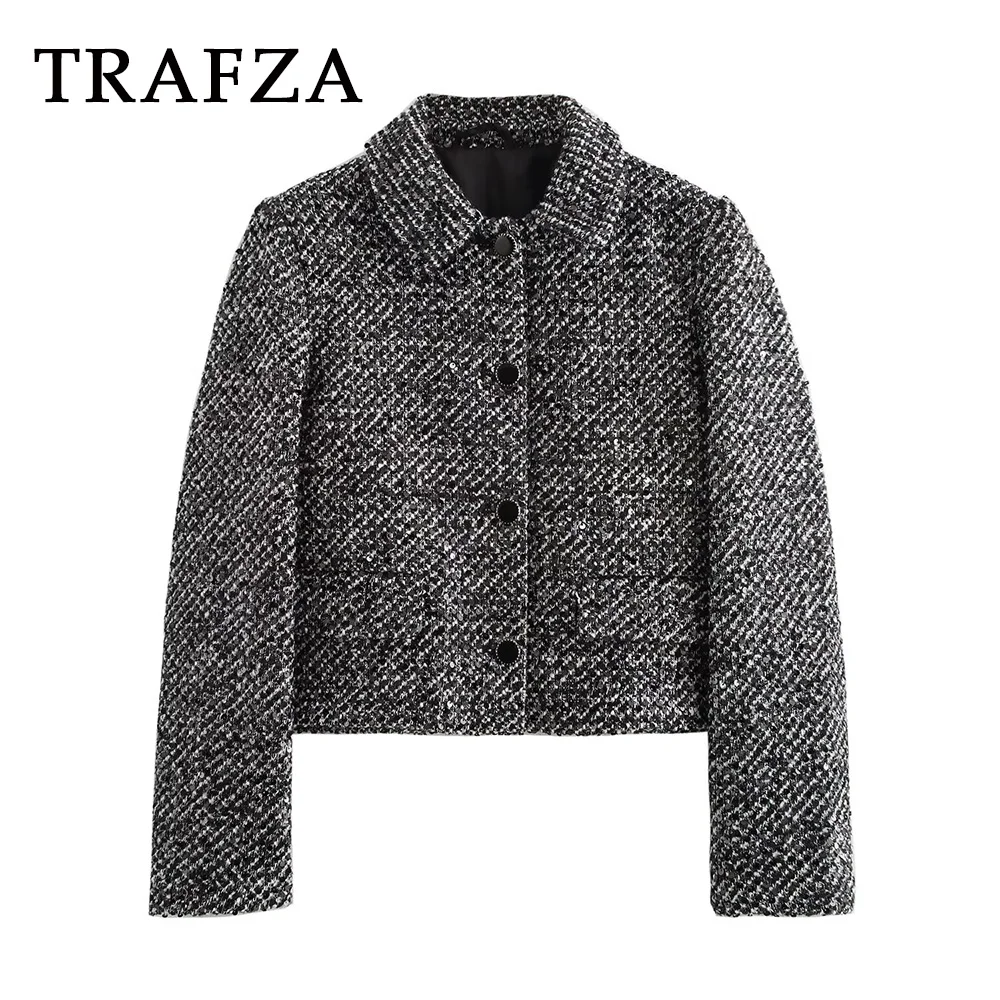 

TRAFZA шикарная осенняя женская куртка на пуговицах с блестками в клетку, уличная мода 2024, винтажная шикарная прямая верхняя одежда с отложным воротником