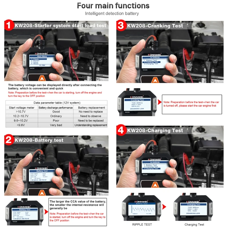 Analizzatore del caricatore del Tester della batteria dell'auto KW208 12V 100-2000CCA Test del sistema di ricarica Tester della capacità della batteria automobilistica Drop Shipping