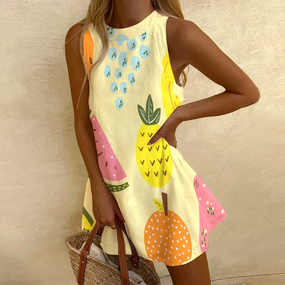 

Fruit Print Women's Plus Size Fashion Casual Sleeveless Skirt Fashion Color Match Resort Outfits SunDresses Pattern Wave hem Cas