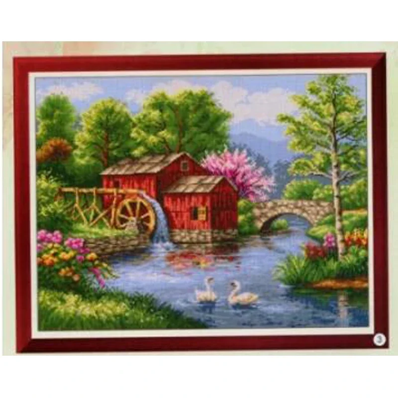 Amishop Gold Collection Lovely Counted Cross Stitch Kit Waterwheel Watercart Water Wagon Cabin Chalet Hut And Swan