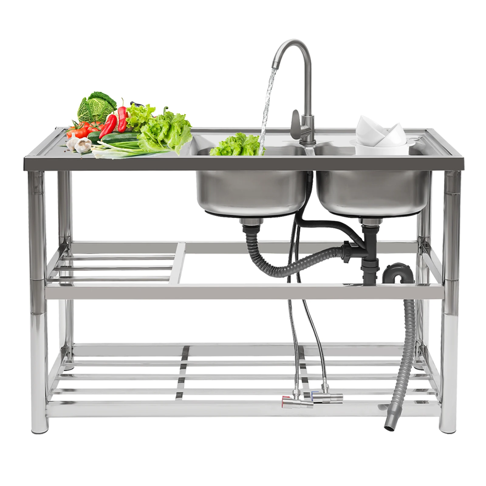 

Stainless Steel Kitchen Sink Double Basin 304 Commercial Household Large Capacity with Faucet and Storage Shelf