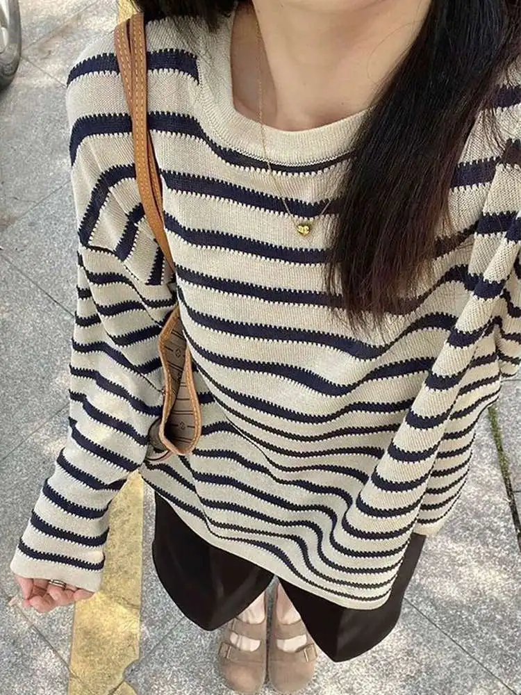 

Женская летняя трикотажная футболка свободного кроя в корейском стиле с длинным рукавом, круглым вырезом, в полоску, с защитой от солнца, тонкая верхняя одежда