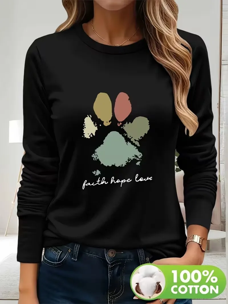 Y2k Funny Cat Paw Motivational Top 100% Cotton Long Sleeve T-Shirt Graphic Casual Round Neck Women'S Top Tee for Fall Winter