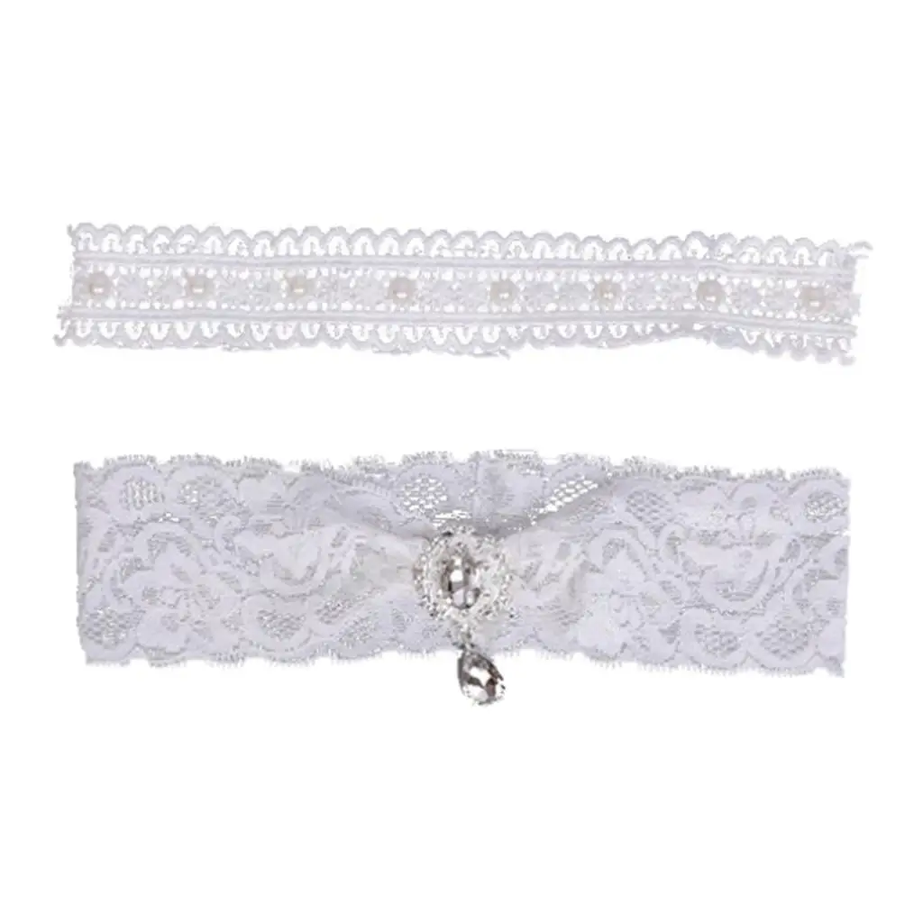 White Lace Leg Garter Rhinestone Elegant Garters Set for Wedding Prom