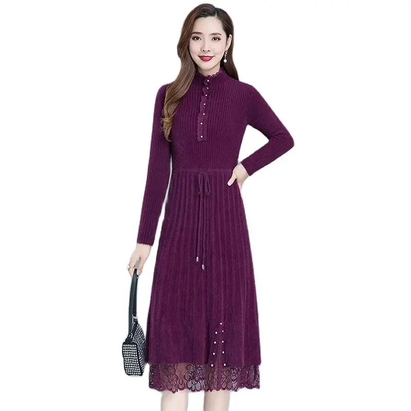 

Winter Fashion Dress Half Turtleneck Mink Fleece Sweater Mid Length Over Knee Slim Fit Bottom Skirt Lace Sweater Dress InsideTid