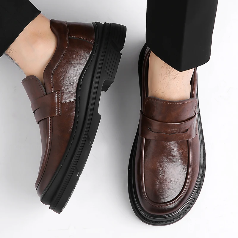 Classic Brand Men's Thick Soled Loafers Retro Brown Office Business Work Shoes Men's Banquet Formal Shoes Height Increasing