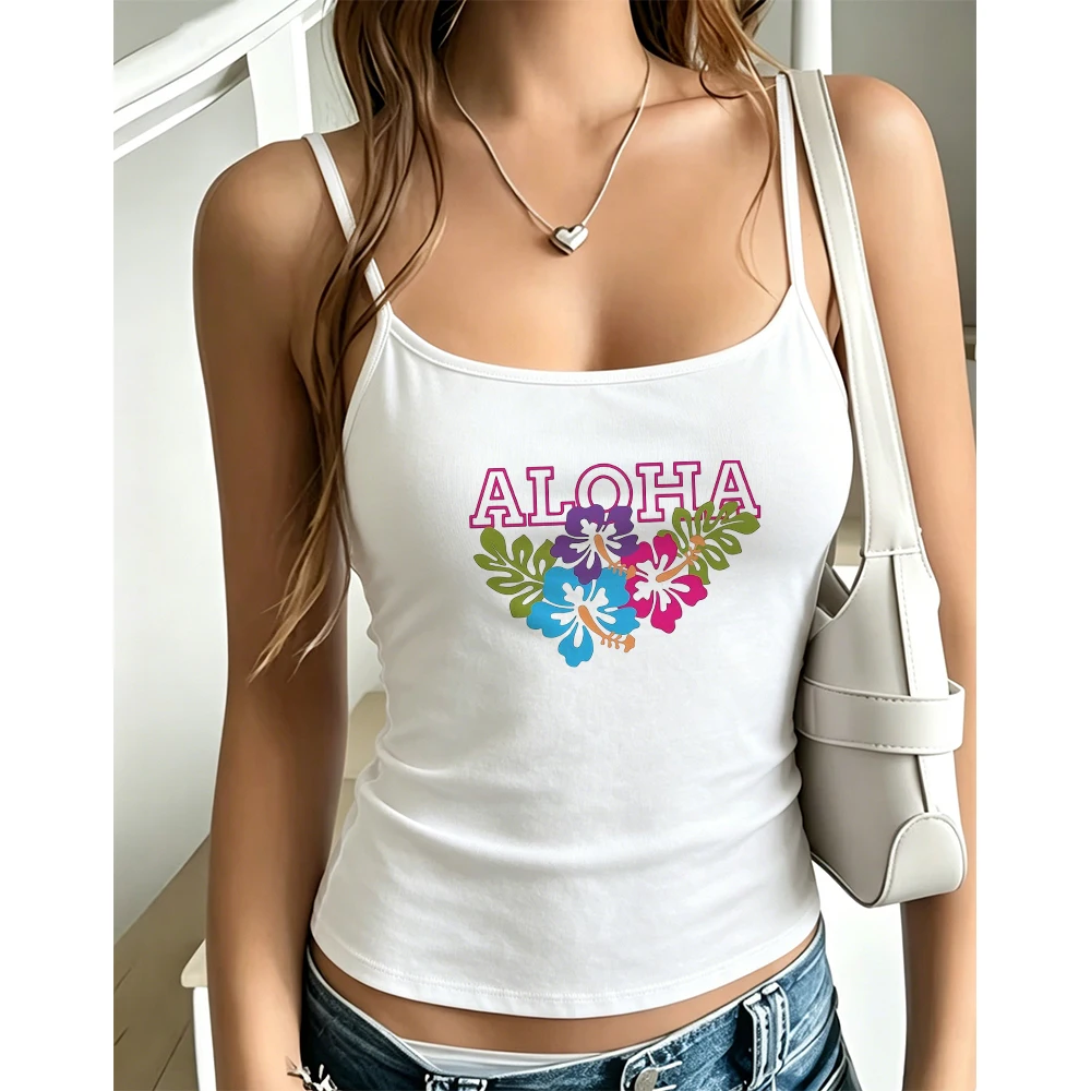 Aloha Tropical Floral Graphic Camisole Women Summer Hibiscus Print Tank Top Y2K Sleeveless Vest For Beach Holiday Travel Chic