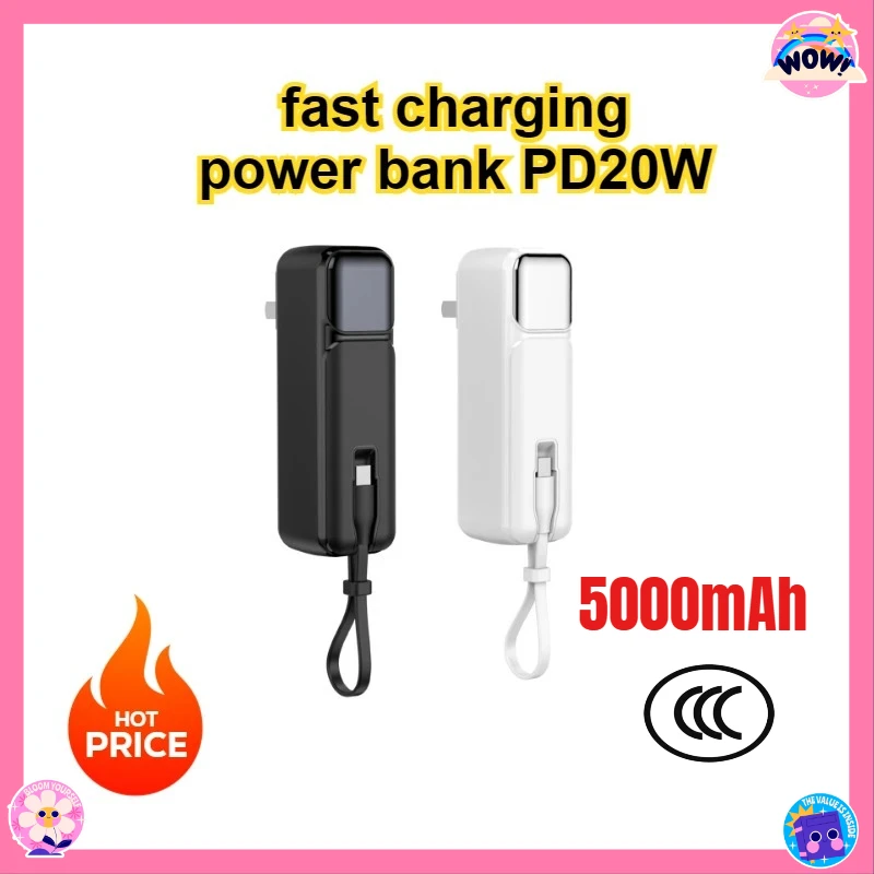 

AC Fast Charging Power Bank PD20W with Built-in Cable 5000mAh Wall Plug Compact Portable Power Supply
