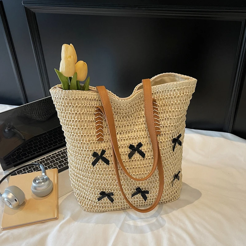 

Black Bowknot Summer Beach Large Capacity Tote Bag Women Shoulder Bag Handmade Woven Bag Top-Handle Bags Raffia Boho Woven Women
