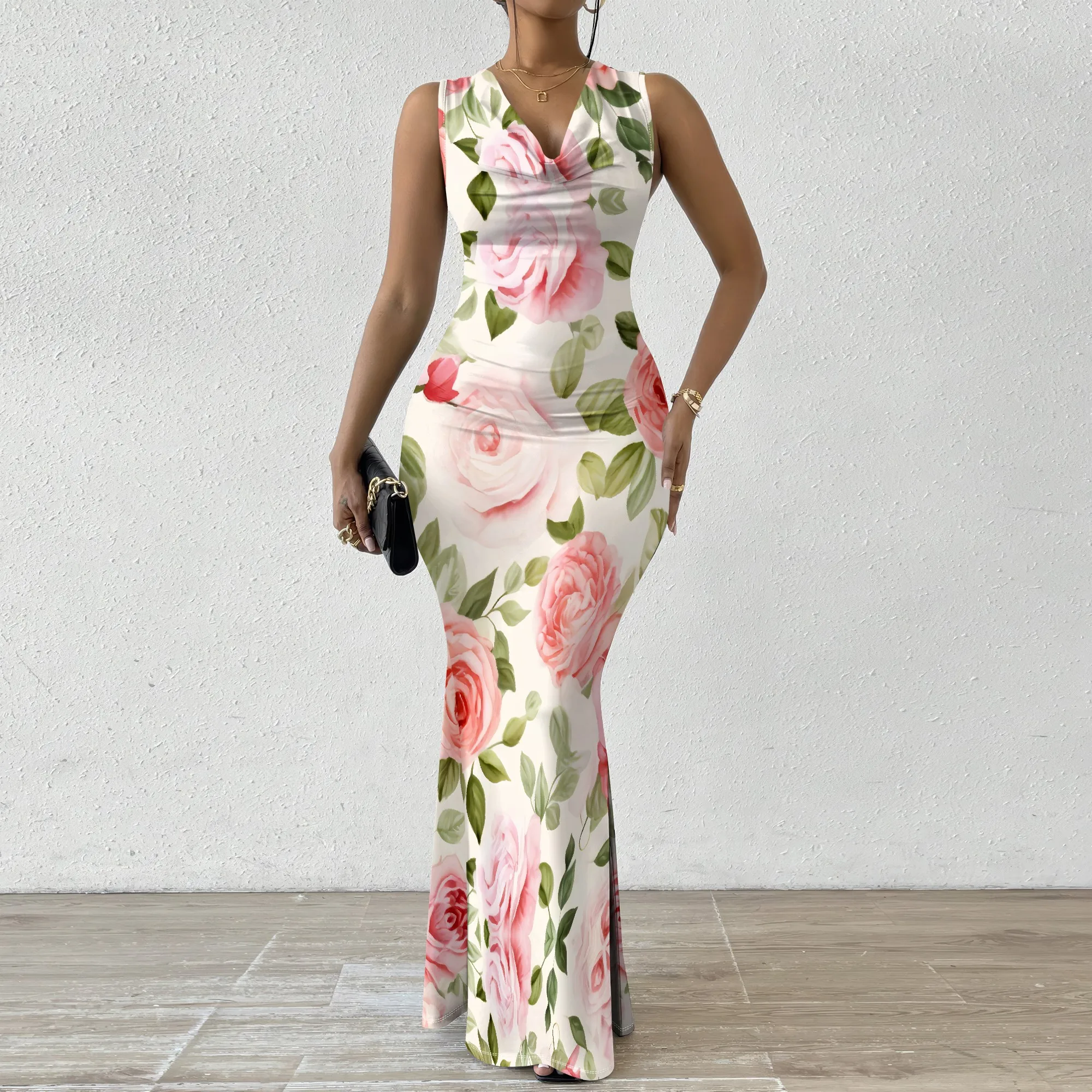 

Elegant Women's Pink Floral Maxi Dress - Summer V-Neck Sleeveless Slim Fit Gown - Garden Party & Spring Events XS-2XL