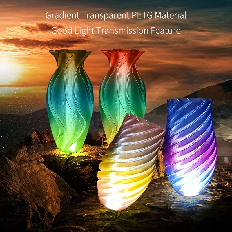 PETG-Filament Impressora 3D Transparente, Dual Color, Tri-Color Mudança, Característica Transmissão de Luz, 1,75mm, Gradiente