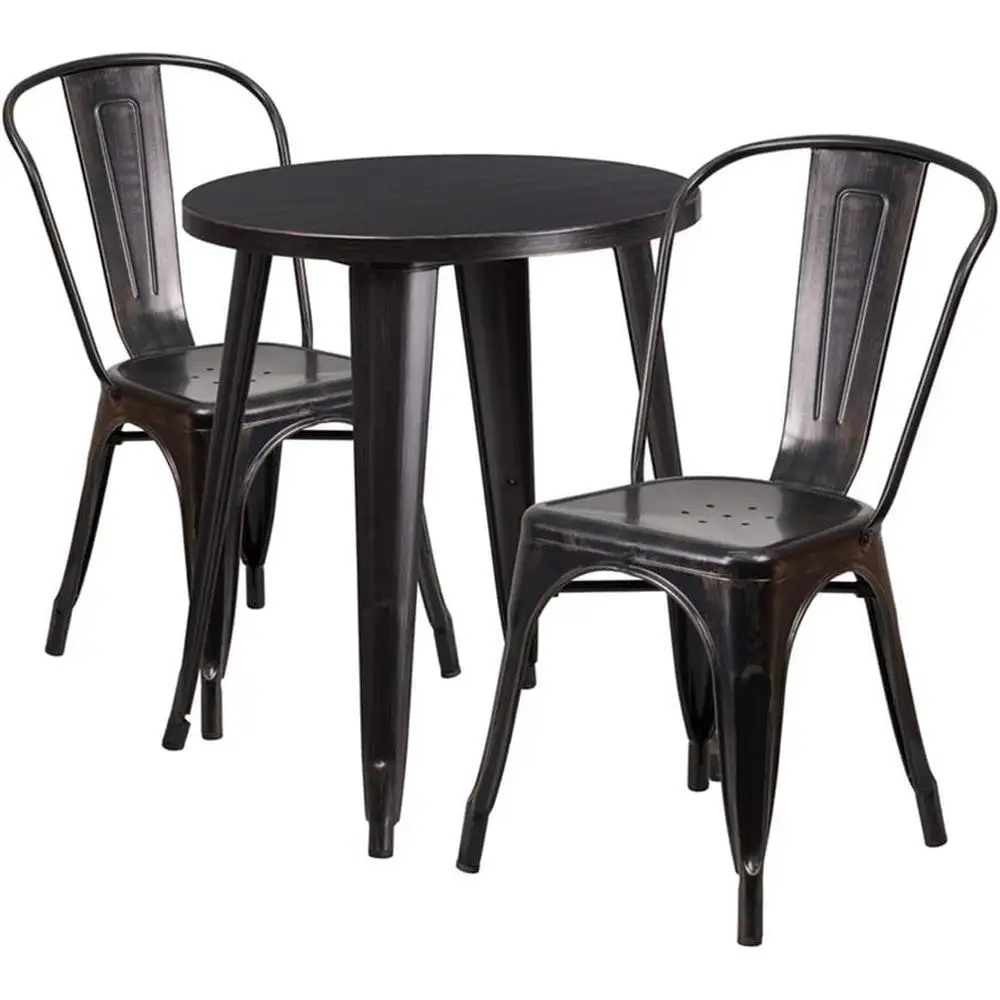 Conjunto de mesa redonda de metal de 24 polegadas com 2 cadeiras de café interna e externa de grau comercial preto antigo dourado