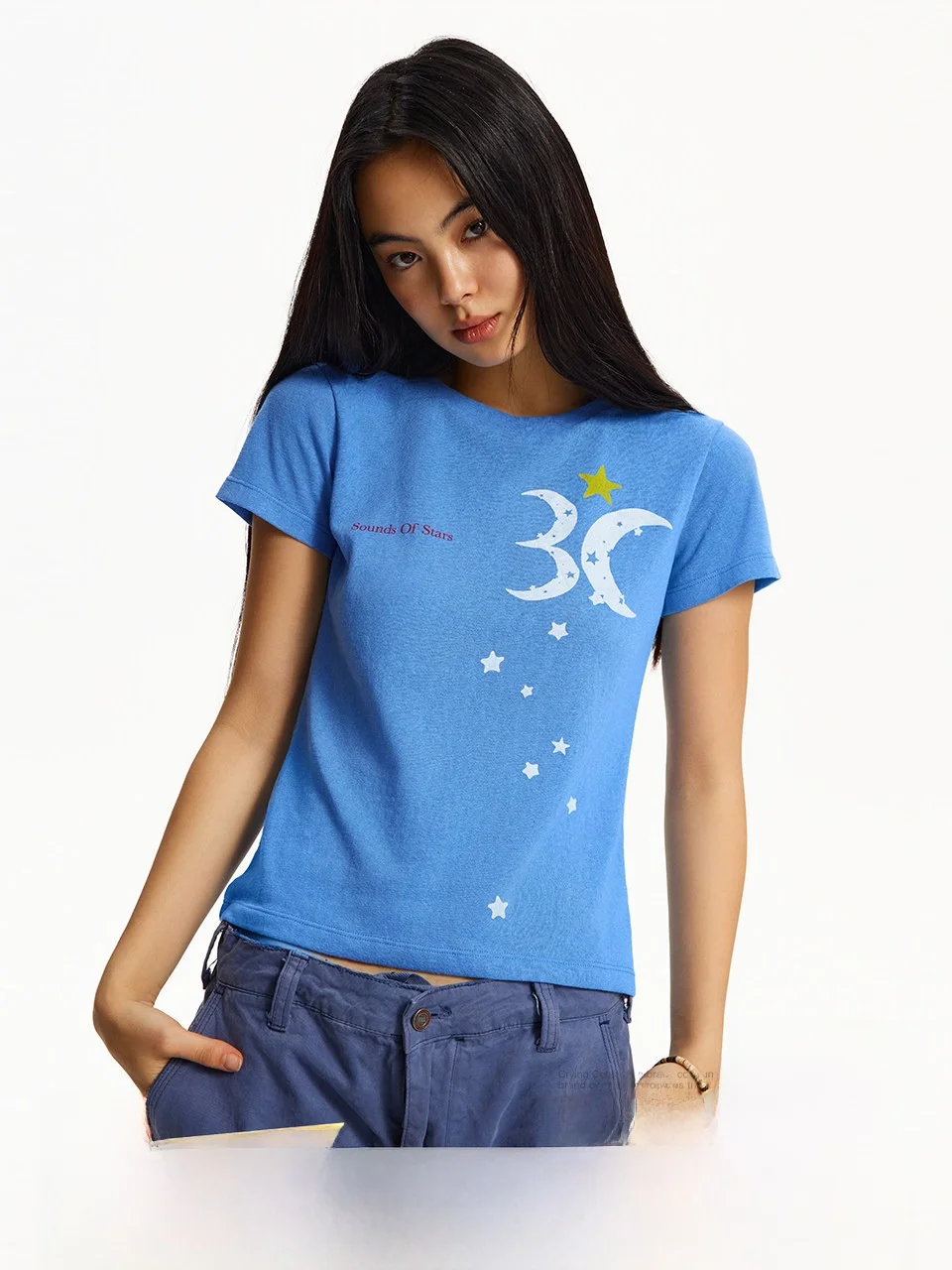 

CryingCenter 3C Moon And Meteor Print Snowflake Cotton round Neck Short Sleeve T-Shirt Cute Style Standard Fit Women's Top