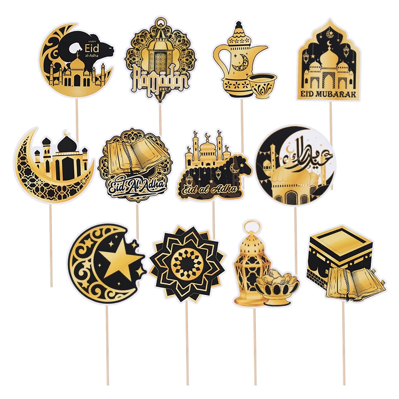 12/24Pcs Eid Mubarak Cupcake Topper Ramadan Kareem Moon Star Mosque Cake Dessert DIY Decoration Islamic Muslim Party Baking Tool