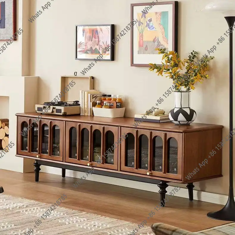 French retro solid wood TV cabinet Nordic small apartment living room medieval storage household audio-visual cabinet