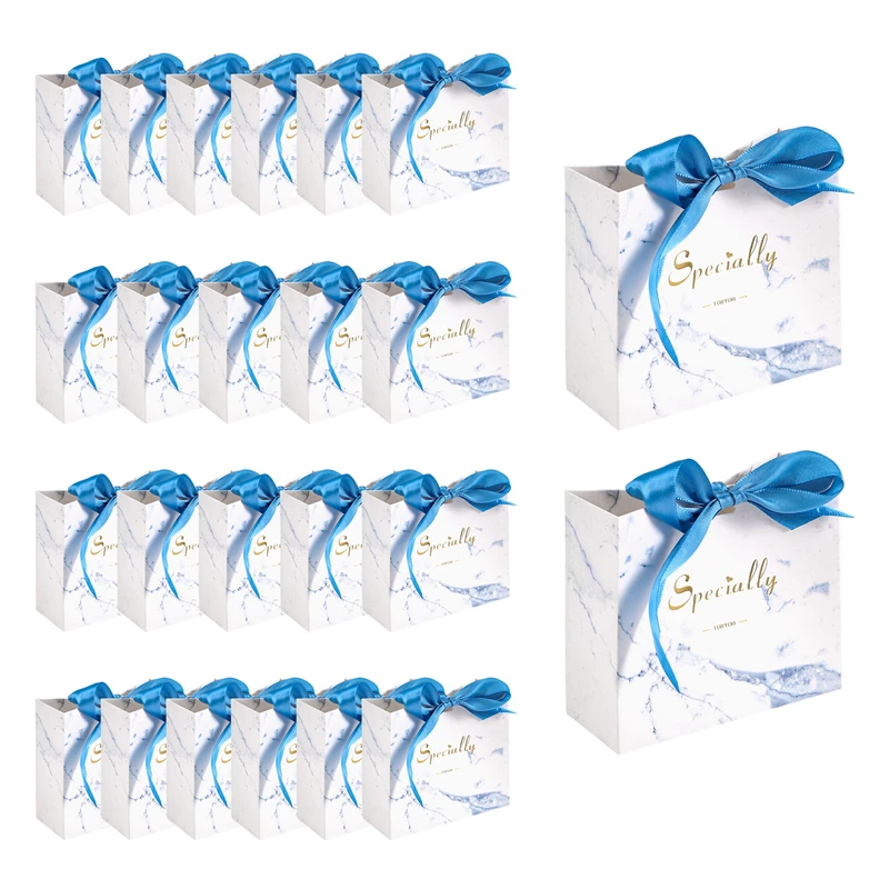 24Pack Small Thank You Gift Bag Party Favor Bags Treat Boxes With Gold Bow Ribbon, Black Paper Gift Bags