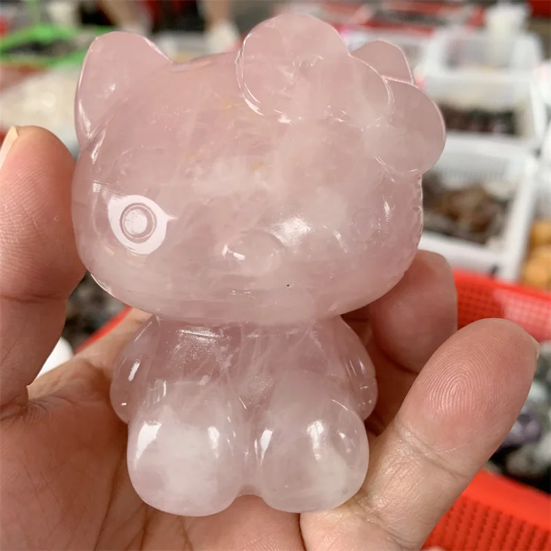 

Natural Rose Quartz Crystal KT Cat Statue Carving Cartoon Animal Healing Crystal Holiday Crafts Gift 1pcs