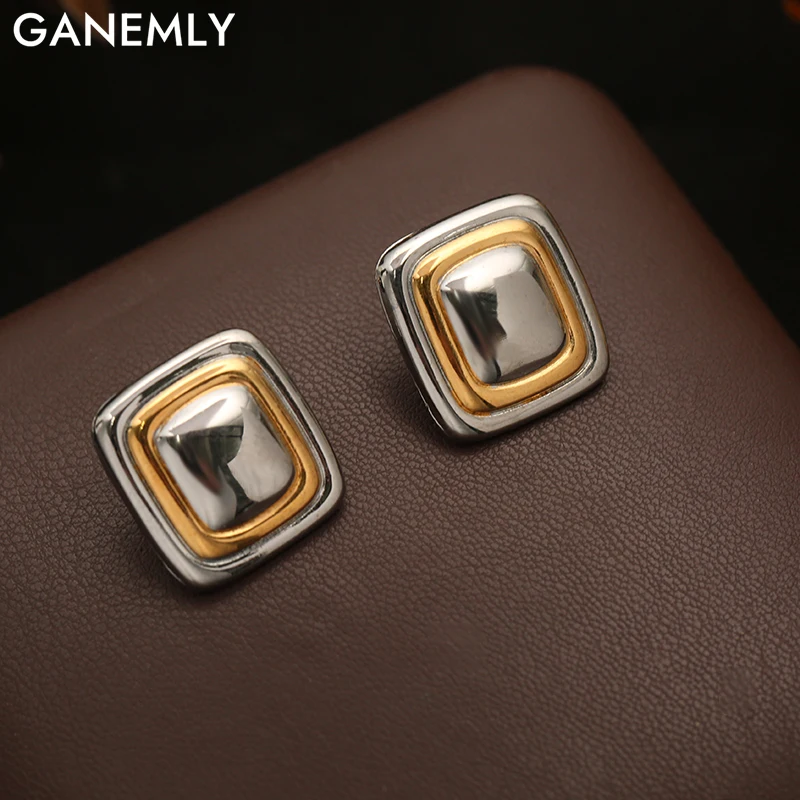 GANEMLY 316L Stainless Steel Metal Two-Color Square Stud Earrings For Women Girl Fashion Elegant Ear Jewelry Birthday Gift