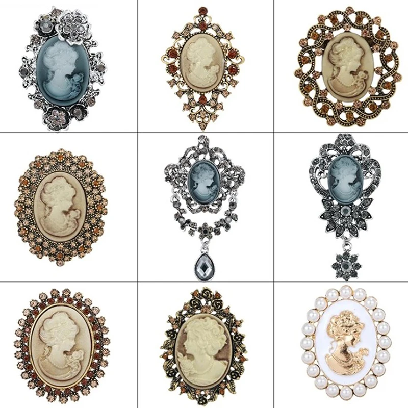 Crystal Rhinestones Cameo Vintage Brooches for Women Queen's Cameo Beauty