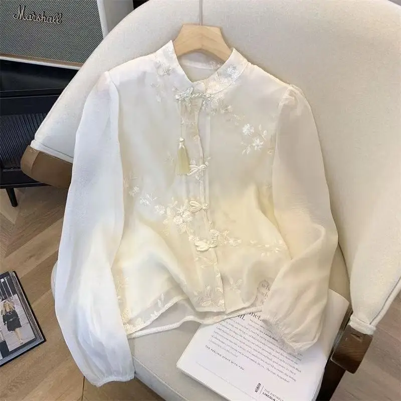 

New Chinese Style Tops Elegant Women Traditional Floral Embroidery Long Sleeve Shirt Vintage Casual Fashion Button Outfit Female