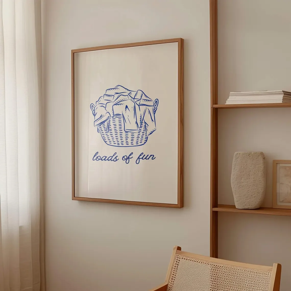 Cheerful Laundry Day Wall Art - Whimsical Line Drawing Print Celebrating the Humor of Household Chores. The delicate blue linewo view 5