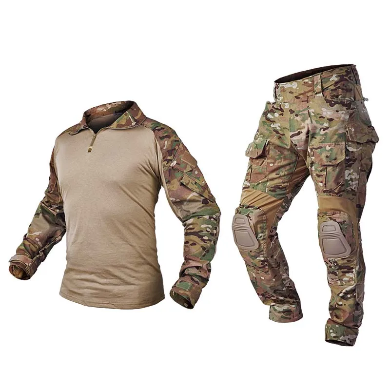 

AUKU Combat Uniform +Pads Safari Tactical Pants Sport Climbing Uniform Camo Shirt Combat Shirts Hunting Clothes Men Clothing