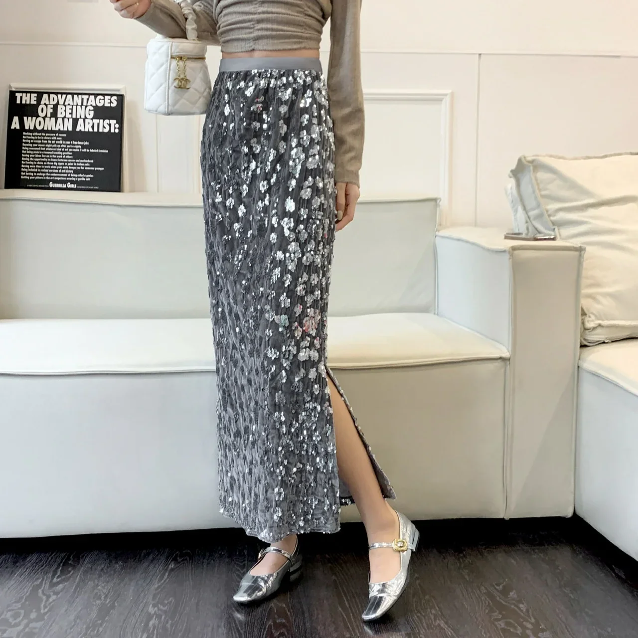 FANIECES Party Club Shiny Sequins Long Skirt Womem High Waist Slim Mid-length Sparkle Glitter Sexy Maxi Skirt Fashion Streetwear