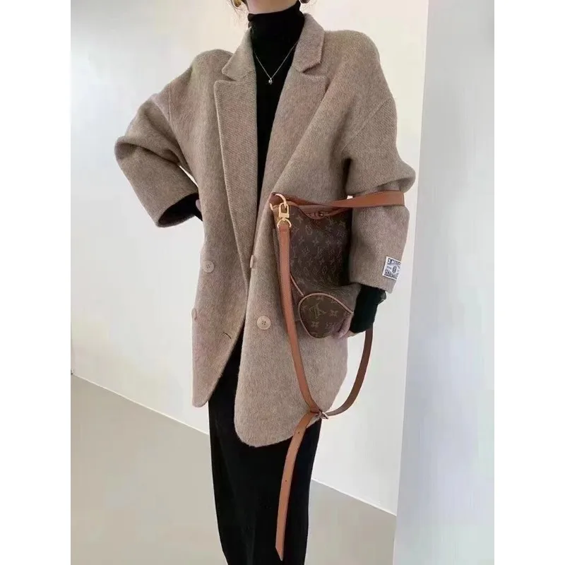 2025 الخريف الشتاء فضفاضة طويلة الأكمام بدوره إلى أسفل طوق الصلبة الصوفية معاطف النساء مزدوجة الوجه معطف من قماش الكشمير #3