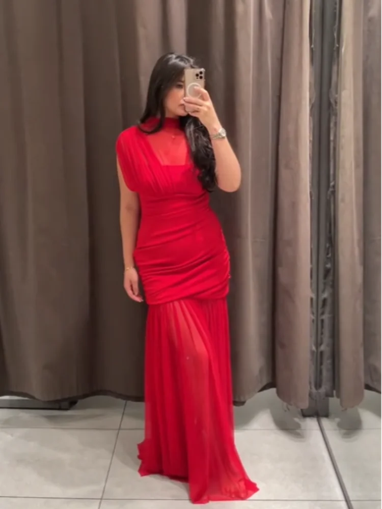 Seksowna czerwona plisowana siateczka długa czerwona sukienka bez rękawów przepuszczalność Patchwork sukienki w kształcie litery A kobiece 2025 letnia dama wąskie szaty