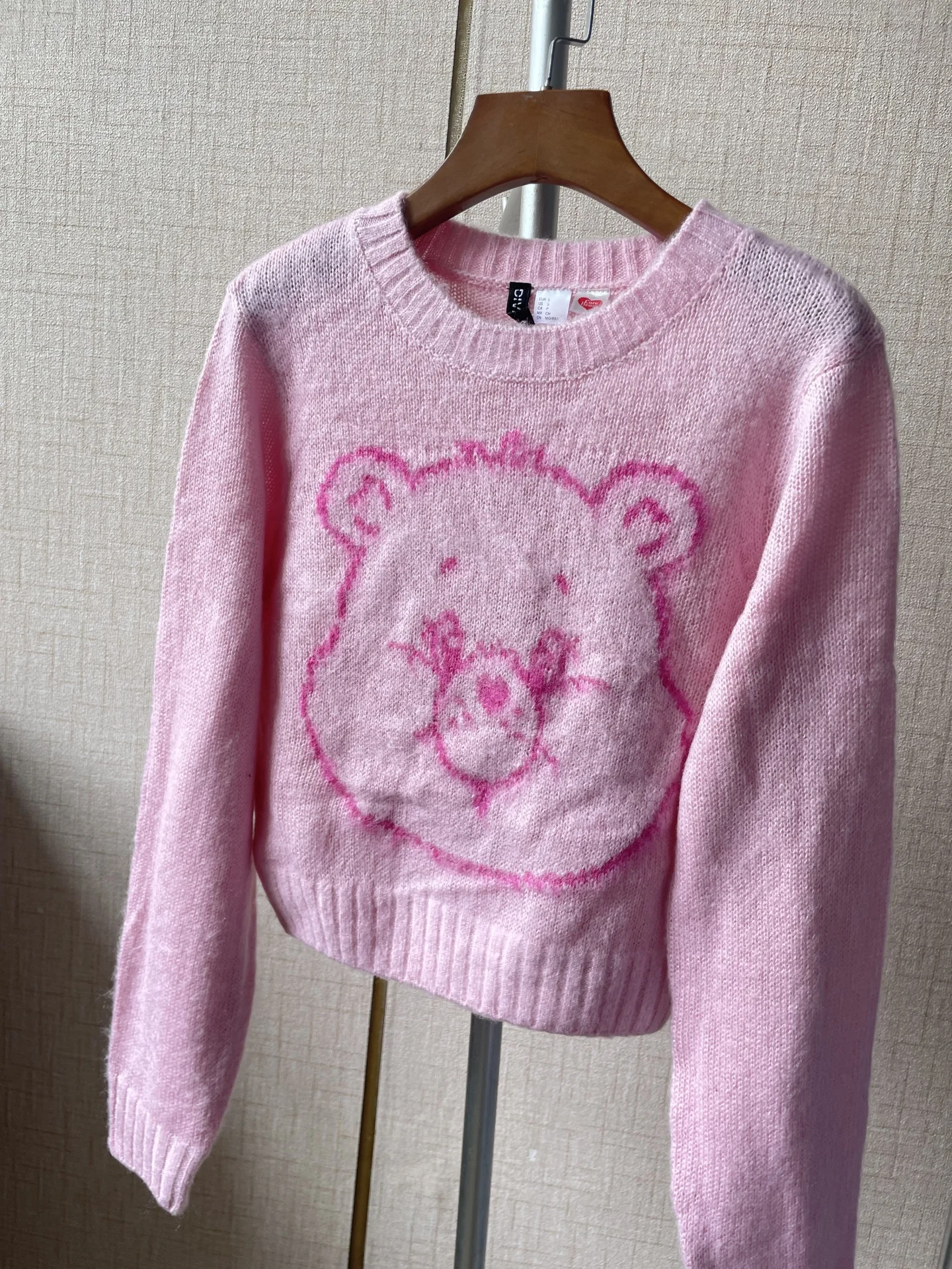 

Розовый свитер с вышивкой медведя H&M, пушистый, теплый, с длинными рукавами, круглым вырезом, тонкий, осенне-зимний, женский, модный, милый