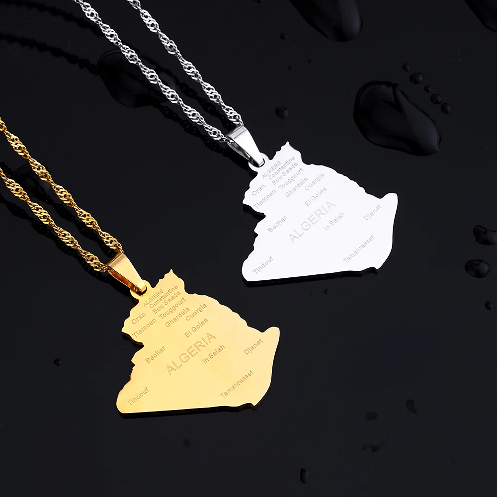 Afrika Algerien Karte Stadt Anhänger Halskette Edelstahl Männer Frauen Ethnische Karten Schmuck Afrikanisches Geschenk – Detail 3
