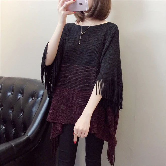 

Spring Autumn New Women's Shawl Tassel Large Knitted Cloak Blouse Air Conditioning Blouse Pullover Cloak Black