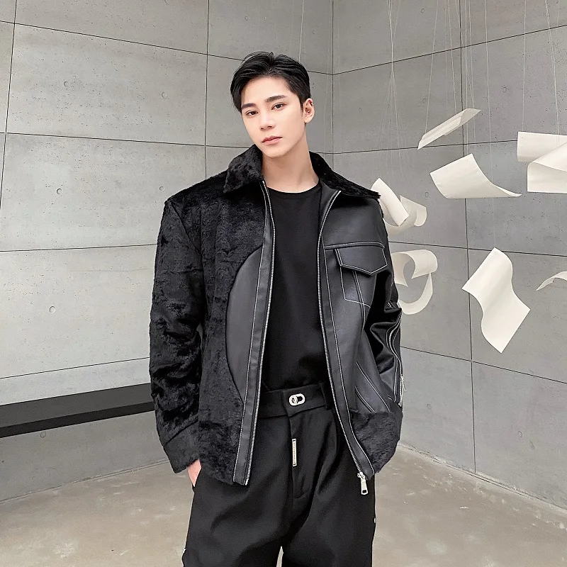 

Модное осенне-зимнее мужское хлопковое пальто с воротником-стойкой, нестандартная кожа и меховая цветная блузка с застежкой-молнией