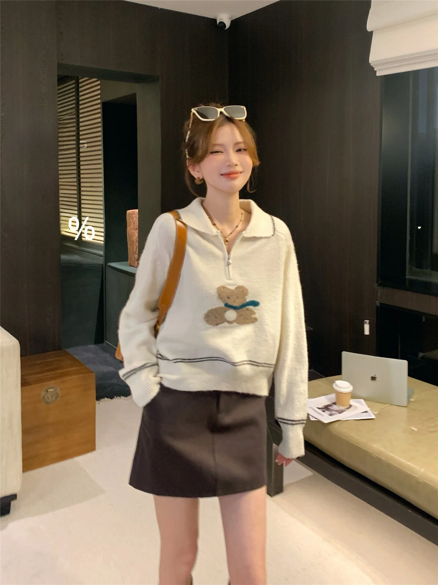 

Thiened Autumn Winter Women's Knitted Sweater Embroidered Bear Cartoon Outerwear Loose Fit Warm Faionable Polyester Blend